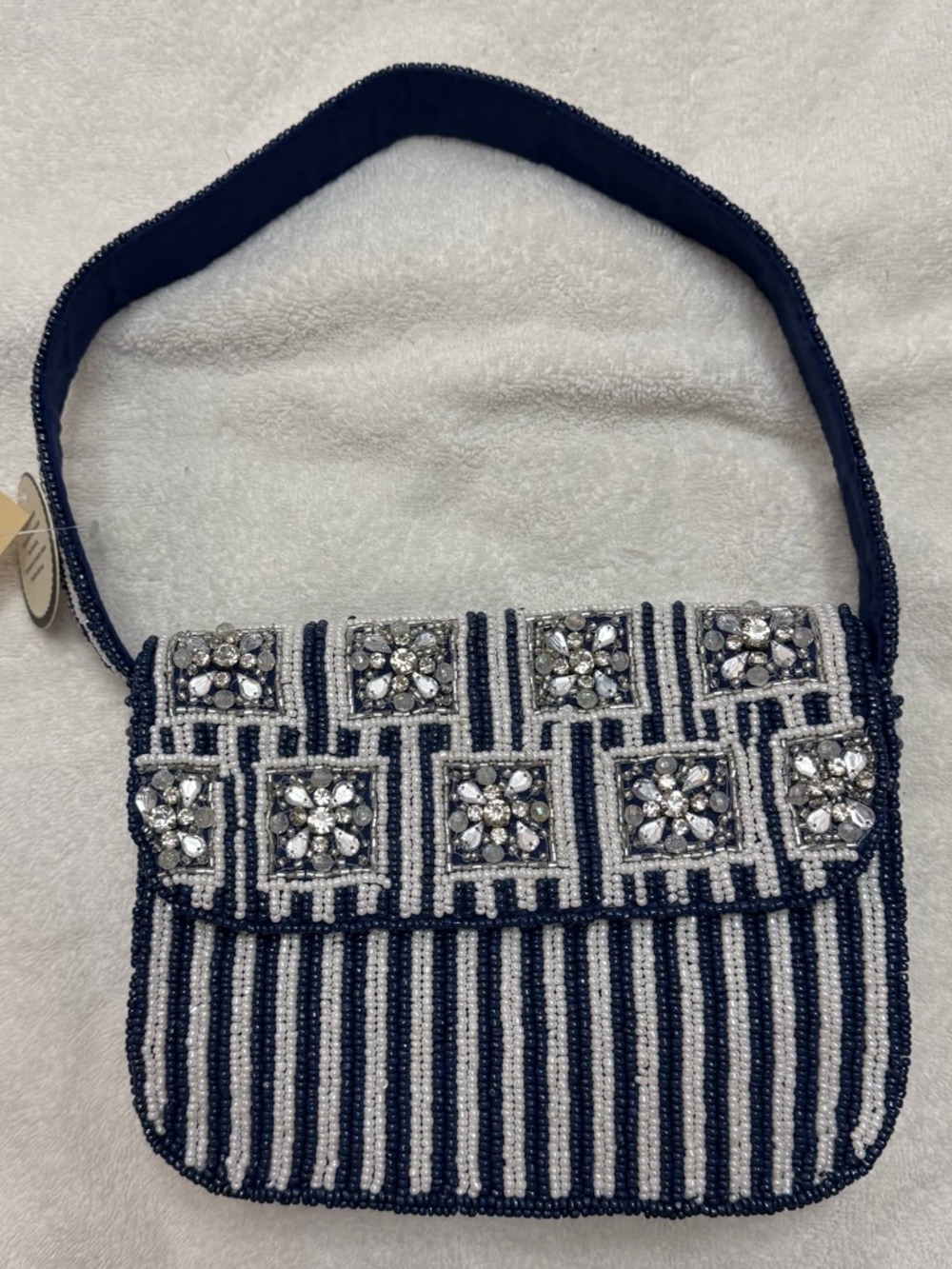 Studio 12 Blue & White Beaded Shoulder Bag Rhinestone Floral New With Tags - Picture 3 of 7